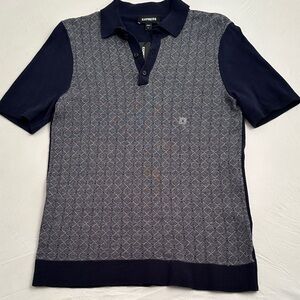 Express navy blue and gray diamond contrast pattern short sleeve polo sweater